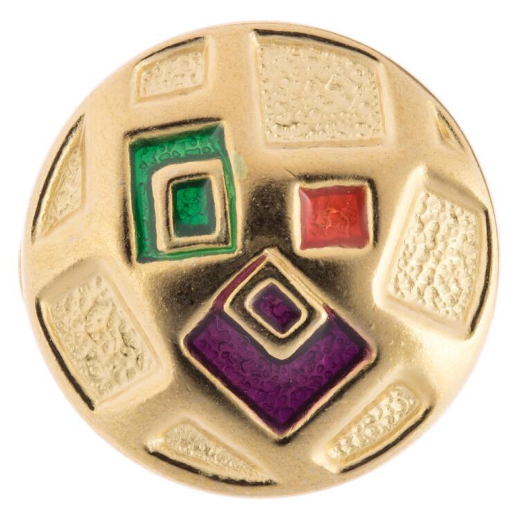 Metallknopf in Gold mit Rechteckmuster drei davon farbig emailliert 20mm