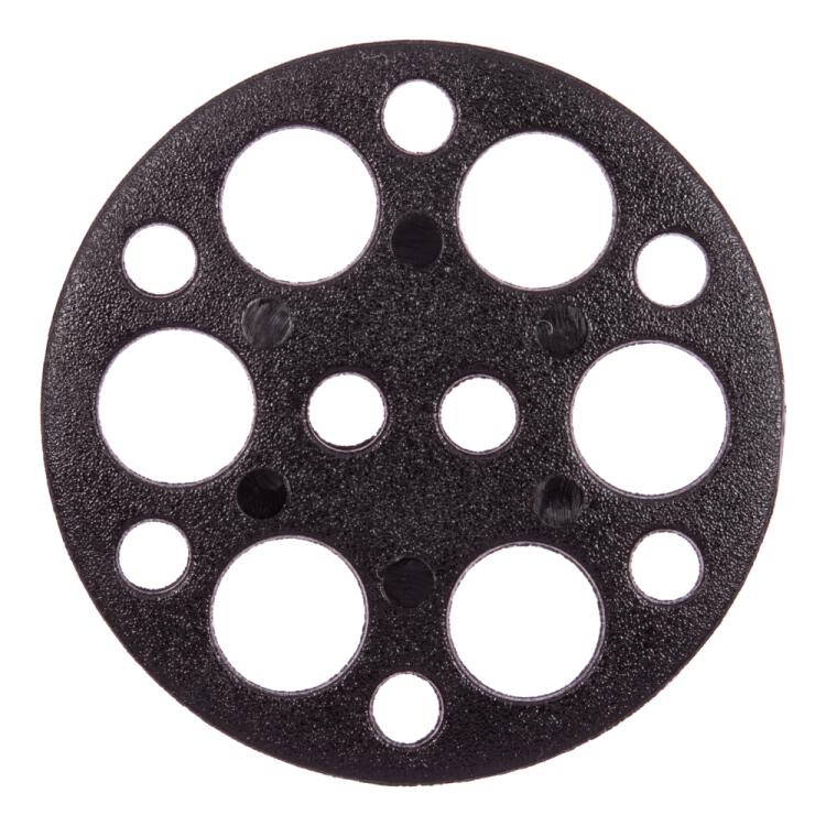 Kunststoffknopf in Schwarz mit kleinen und großen kreisförmigen Löchern 23mm