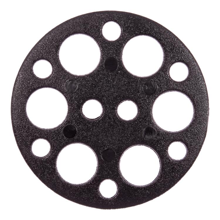 Kunststoffknopf in Schwarz mit kleinen und großen kreisförmigen Löchern 28mm