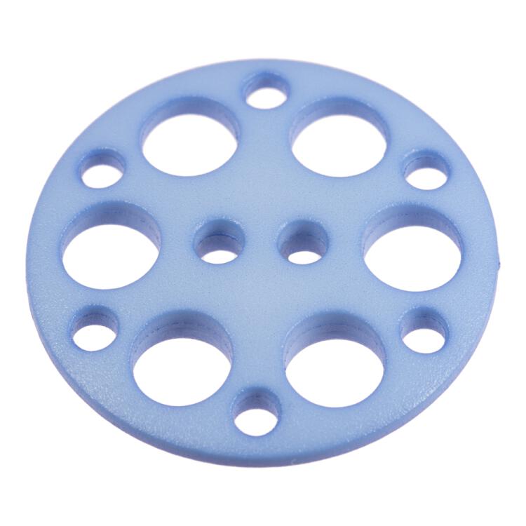 Kunststoffknopf in Blau mit kleinen und großen kreisförmigen Löchern
