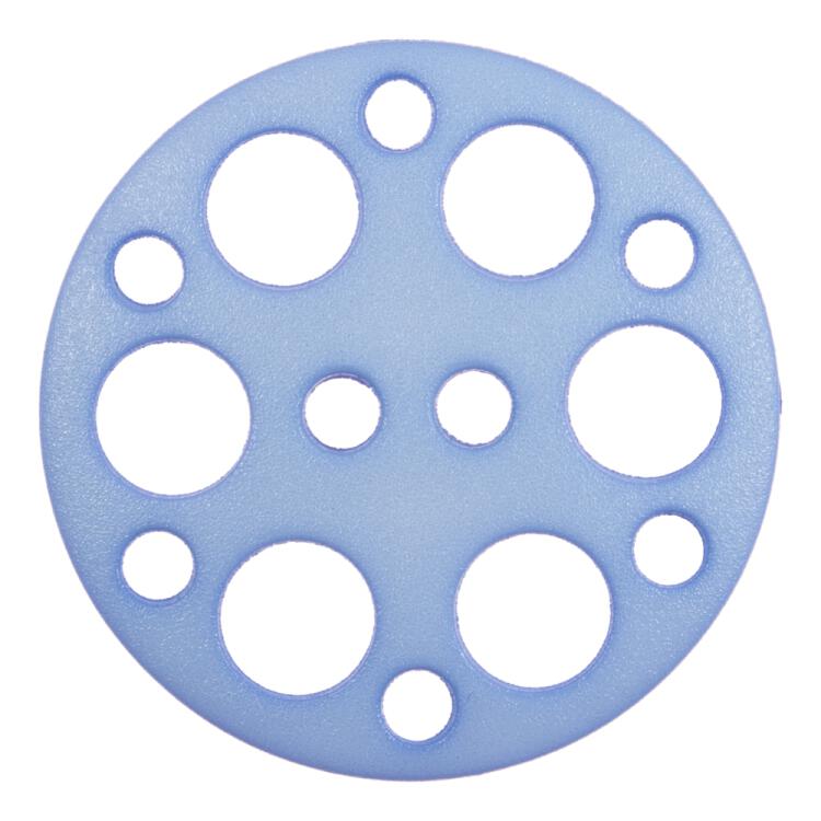Kunststoffknopf in Blau mit kleinen und großen kreisförmigen Löchern