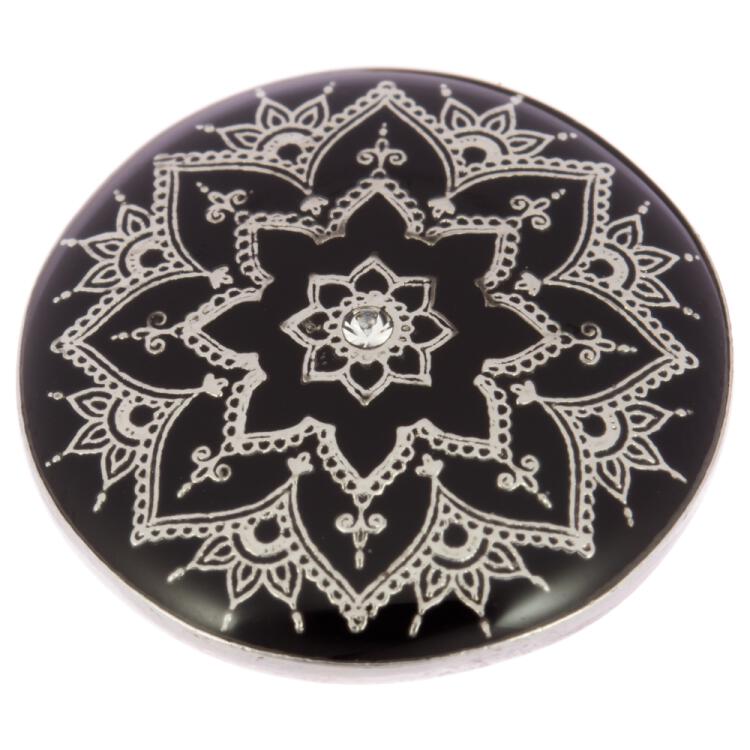 Metallknopf mit Oriental-Motiv in Schwarz-Silber geschmückt mit Swarovski Strass 15mm