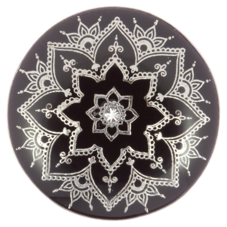 Metallknopf mit Oriental-Motiv in Schwarz-Silber geschmückt mit Swarovski Strass 15mm