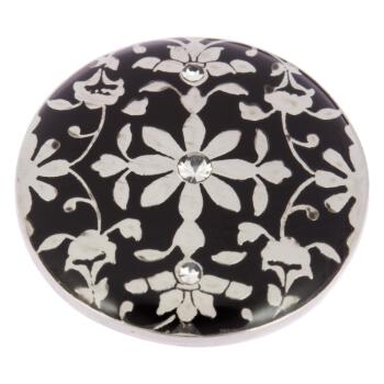 Metallknopf mit Blumenmotiv in Schwarz-Silber geschmückt mit Swarovski Kristallen