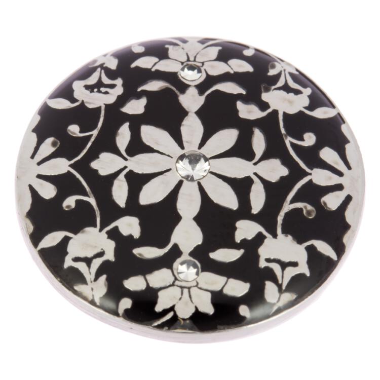 Metallknopf mit Blumenmotiv in Schwarz-Silber geschmückt mit Swarovski Kristallen 15mm