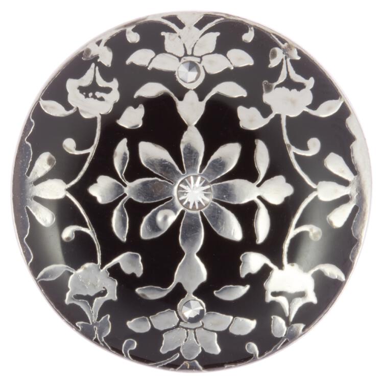 Metallknopf mit Blumenmotiv in Schwarz-Silber geschmückt mit Swarovski Kristallen 15mm