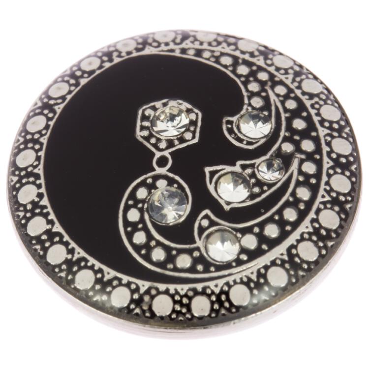 Metallknopf mit Oriental-Motiv in Schwarz-Silber geschmückt mit Swarovski Kristallen 15mm