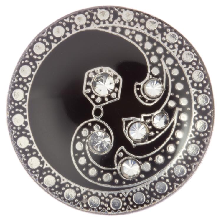 Metallknopf mit Oriental-Motiv in Schwarz-Silber geschmückt mit Swarovski Kristallen 15mm