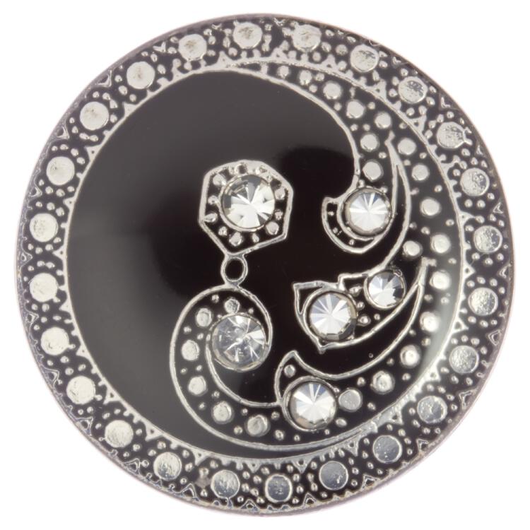 Metallknopf mit Oriental-Motiv in Schwarz-Silber geschmückt mit Swarovski Kristallen 20mm