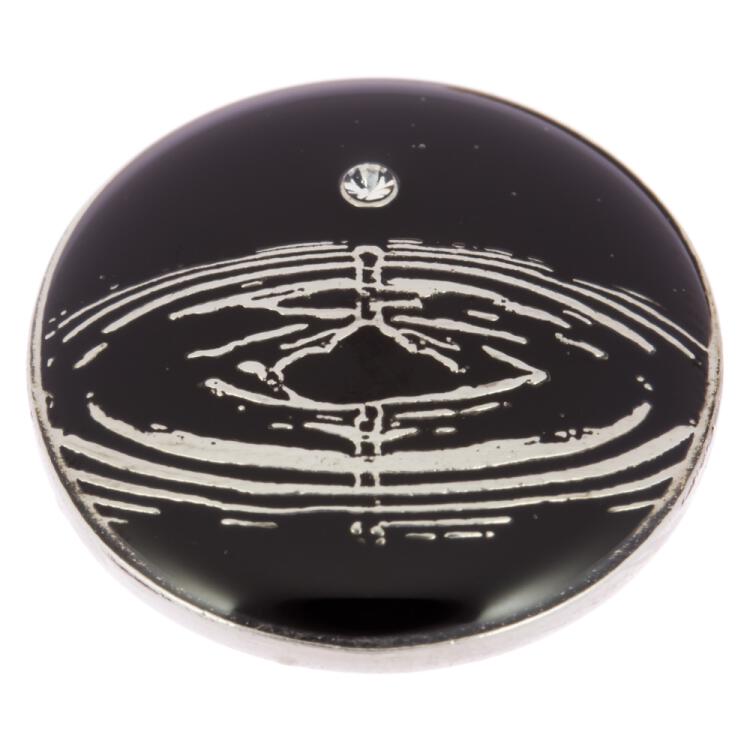 Metallknopf in Schwarz  mit silbernem Wassertropfen-Motiv geschmückt mit Swarovski Strass 15mm