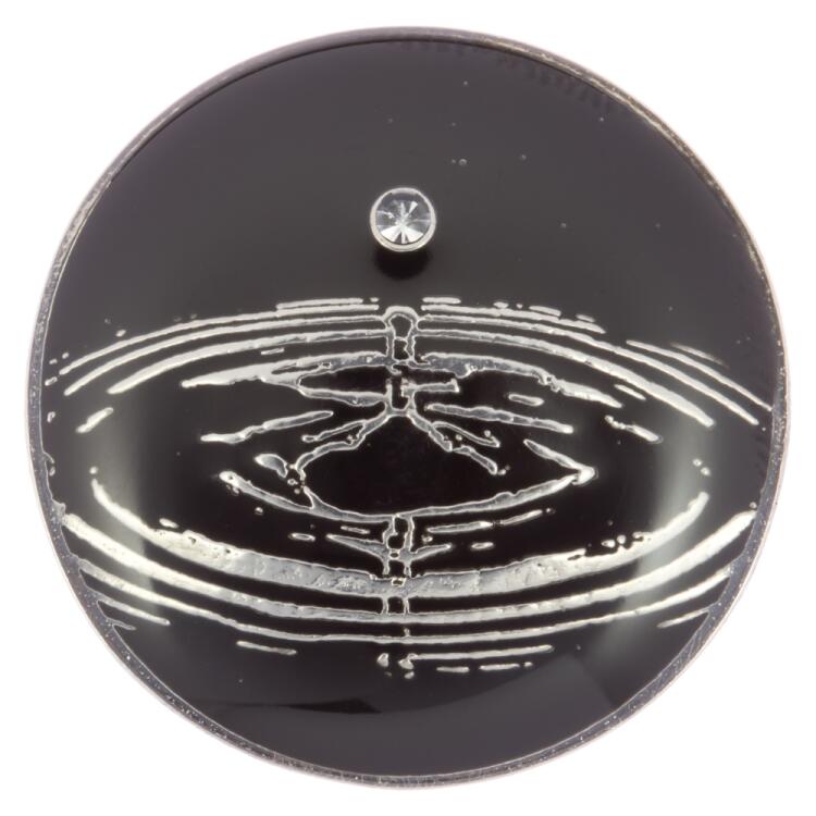 Metallknopf in Schwarz  mit silbernem Wassertropfen-Motiv geschmückt mit Swarovski Strass 15mm
