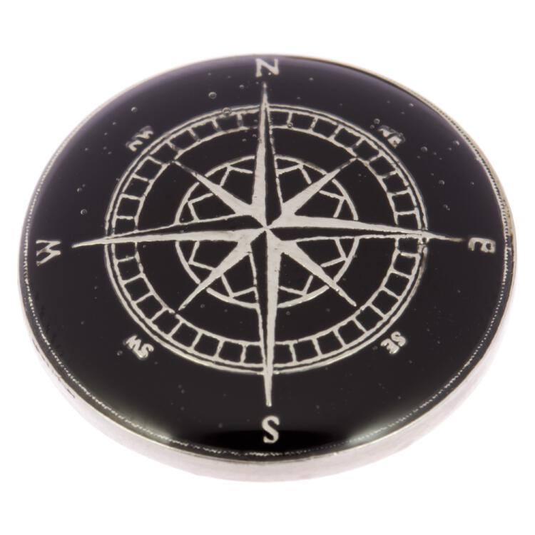 Maritimer Metallknopf mit Kompass-Motiv in Schwarz-Silber 15mm