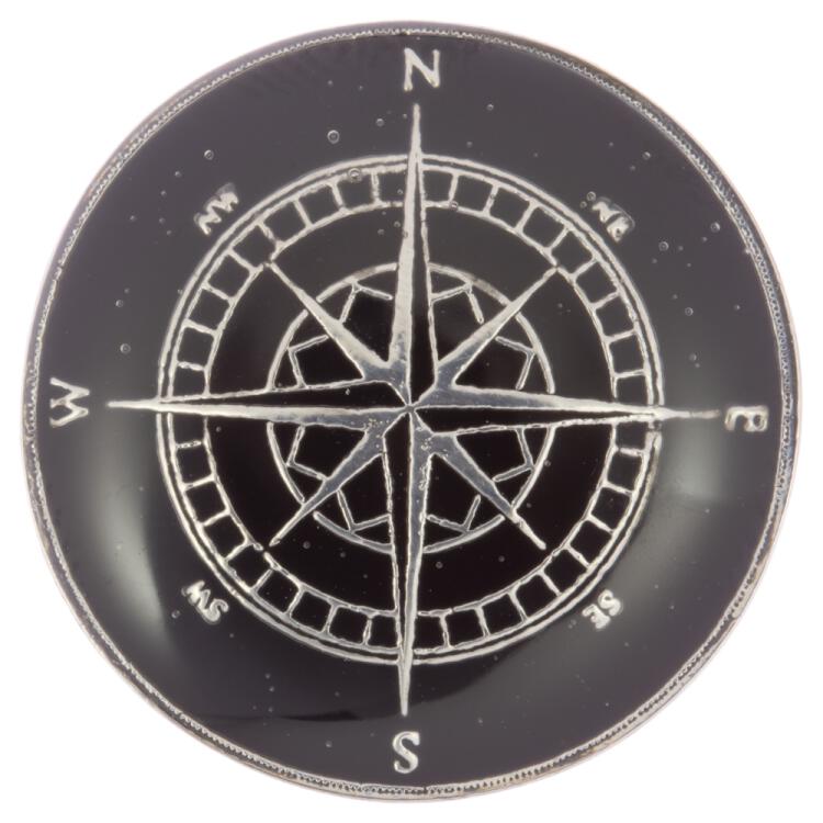 Maritimer Metallknopf mit Kompass-Motiv in Schwarz-Silber 15mm
