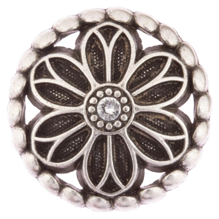Zierknopf aus Metall in Altsilber Blumenform geschmückt mit Swarovski Strass 15mm