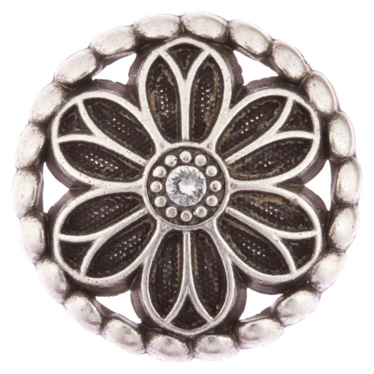 Zierknopf aus Metall in Altsilber Blumenform geschmückt mit Swarovski Strass 23mm