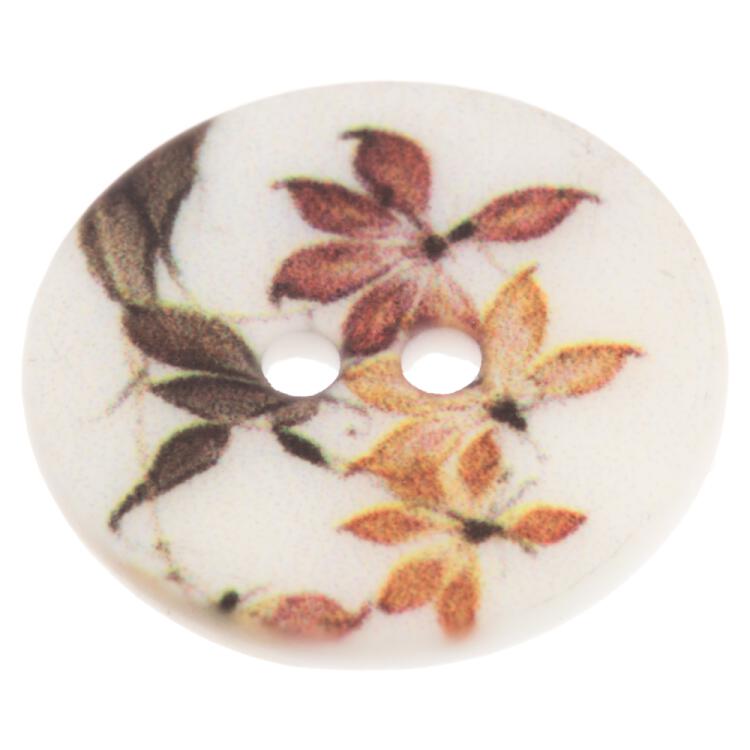 Weißer Perlmuttknopf mit floralem Motiv in Braun 12mm