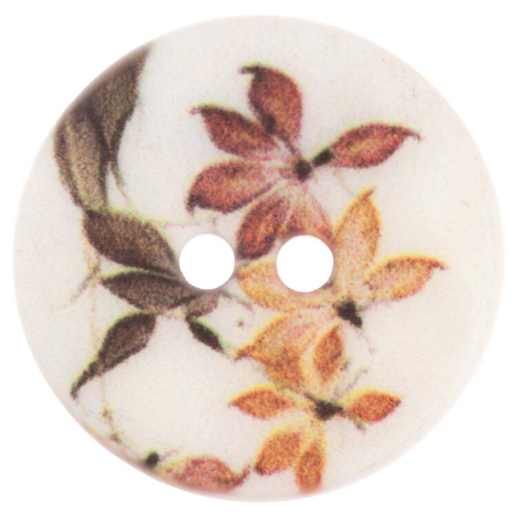 Weißer Perlmuttknopf mit floralem Motiv in Braun 12mm