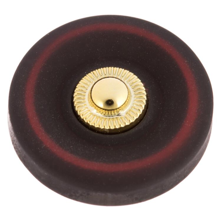 Kunststoffknopf in Samtoptik in Rot-Schwarz mit Goldpunkt in der Mitte 15mm