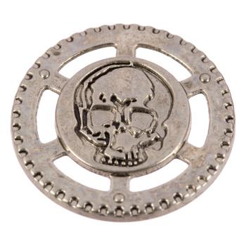Steampunk Knopf aus Metall mit Totenkopf im Zahnrad silber