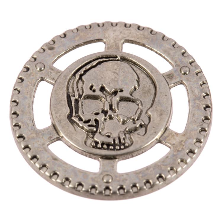 Steampunk Knopf aus Metall mit Totenkopf im Zahnrad silber 23mm