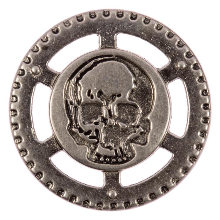 Steampunk Knopf aus Metall mit Totenkopf im Zahnrad silber 23mm