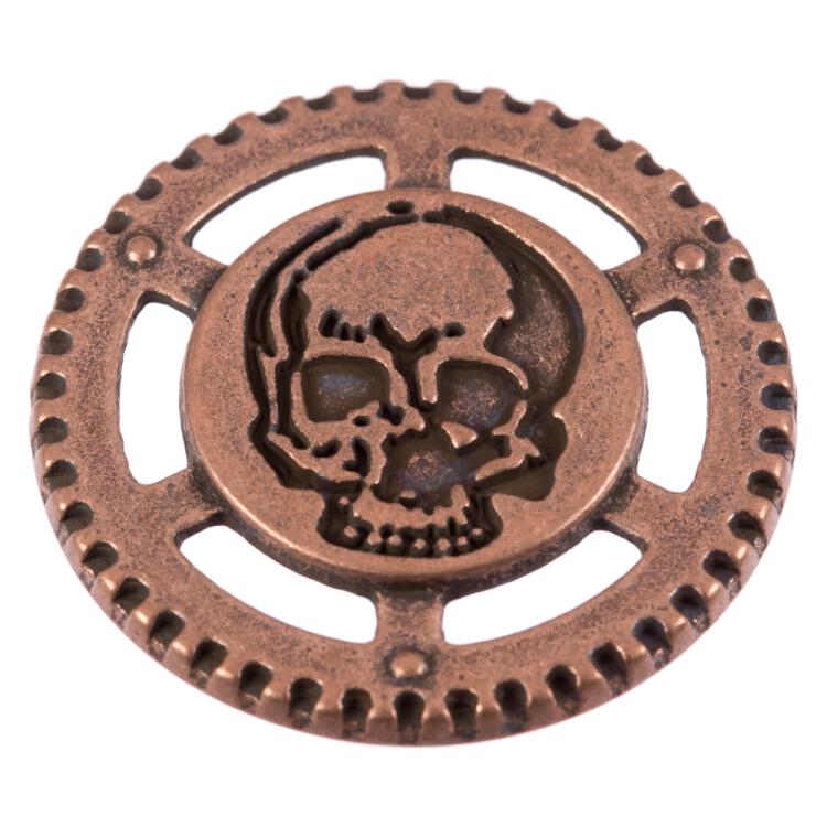 Steampunk Knopf aus Metall mit Totenkopf im Zahnrad kupfer