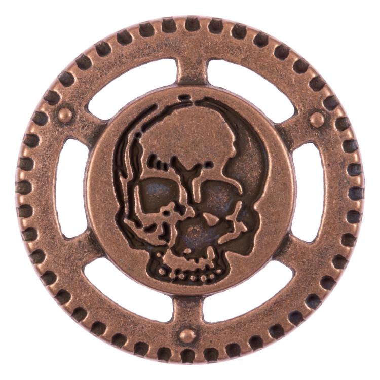 Steampunk Knopf aus Metall mit Totenkopf im Zahnrad kupfer 23mm