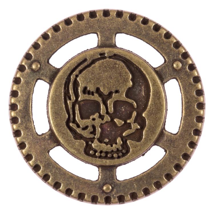 Steampunk Knopf aus Metall mit Totenkopf im Zahnrad messing 23mm