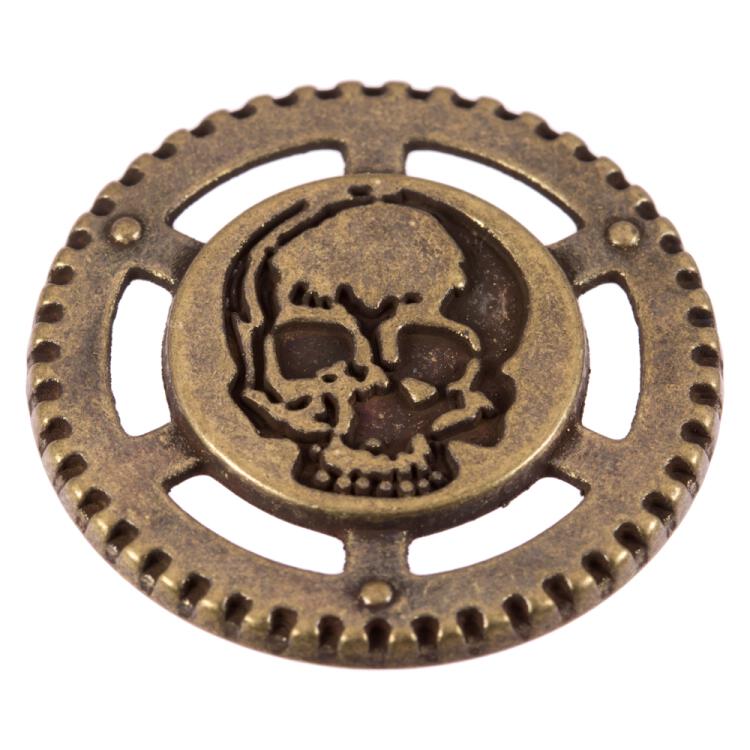 Steampunk Knopf aus Metall mit Totenkopf im Zahnrad messing 30mm