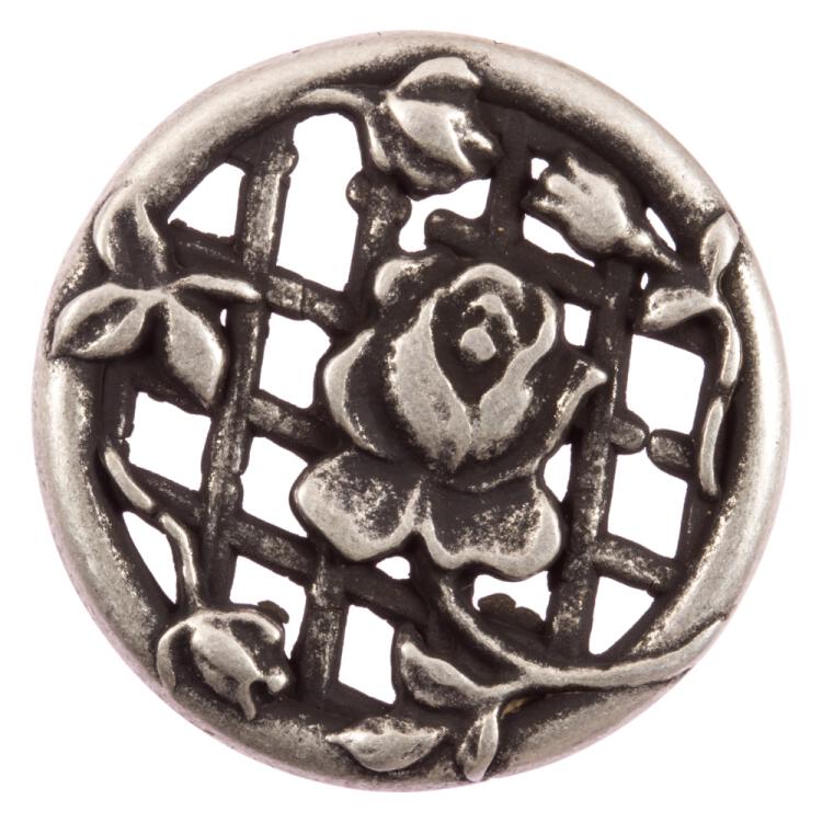 Zierknopf aus Metall in Altsilber mit feinem Rosen-Motiv 25mm