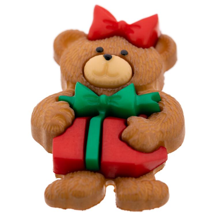 Weihnachtsknopf - Teddybär-Mädchen mit Weihnachtsgeschenk 25mm