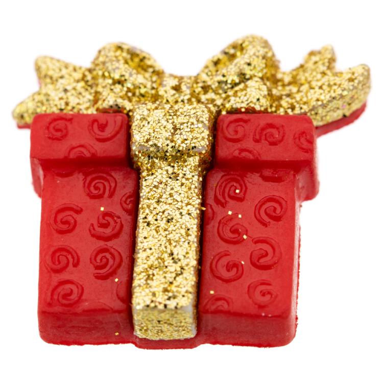 Weihnachtsknopf - Rotes Geschenk mit goldener Glitzer-Schleife