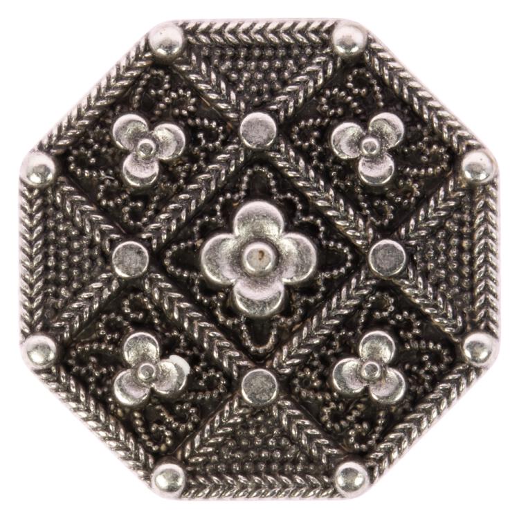 Achteckiger Metallknopf in Altsilber mit Blumenmotiv 18mm