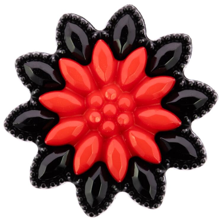 Zierknopf aus Kunststoff in Blumenform in Schwarz-Rot 18mm