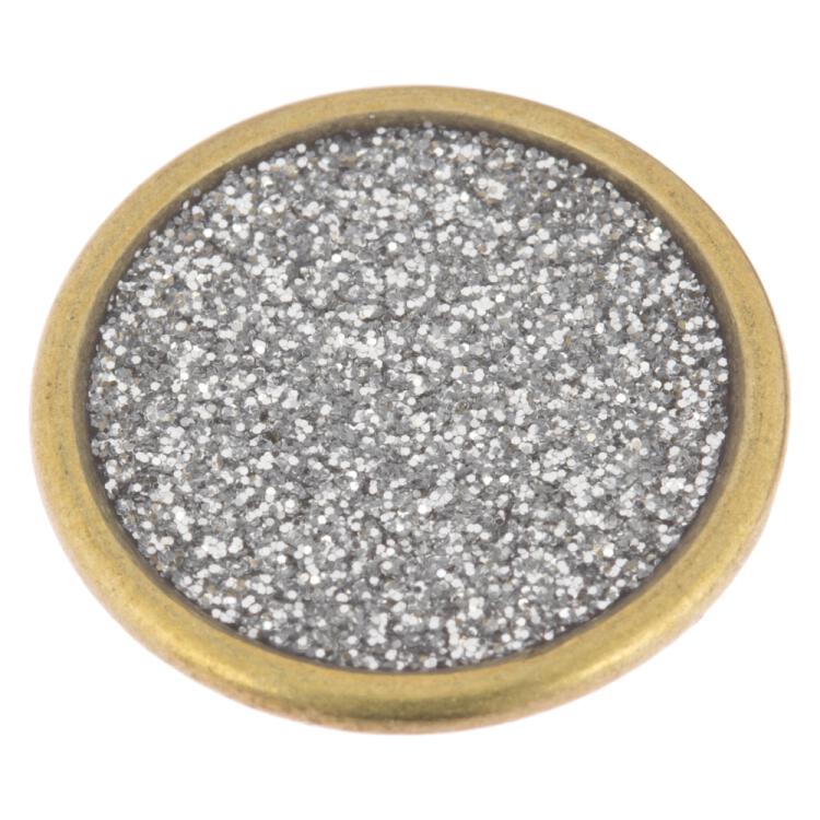 Metallknopf in Messing mit silberner Glitterfüllung 15mm