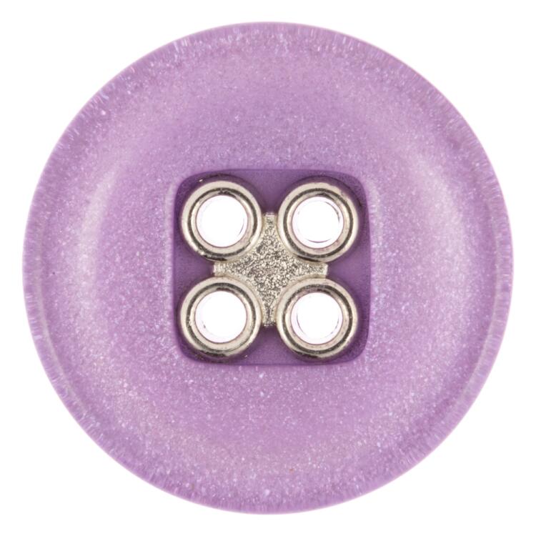 Kunststoffknopf lila glitzernd mit silberner Vierloch-Einlage 18mm