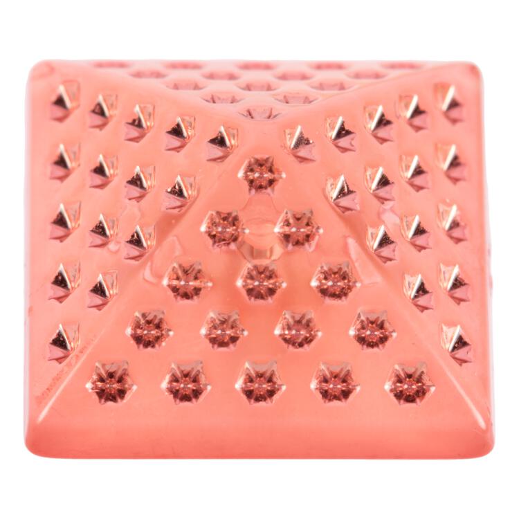 Kunststoffknopf in Pyramidenform transparent-rosa mit glitzernden Punkten und Metallöse