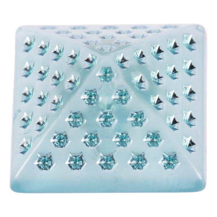 Kunststoffknopf in Pyramidenform transparent-türkisblau mit glitzernden Punkten und Metallöse