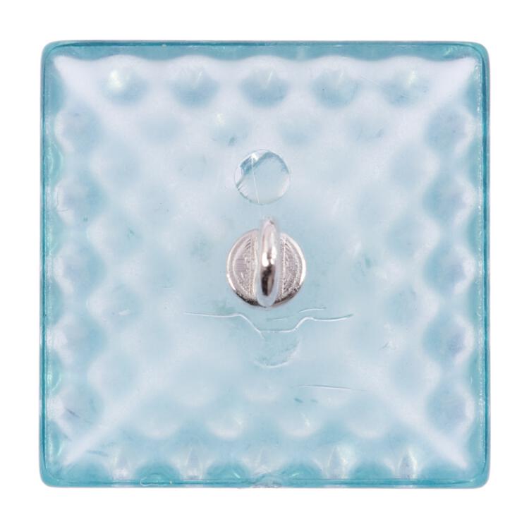 Kunststoffknopf in Pyramidenform transparent-türkisblau mit glitzernden Punkten und Metallöse 16mm