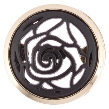 Zierknopf aus Kunststoff in Schwarz mit Rosenmotiv und goldenem Metallrand