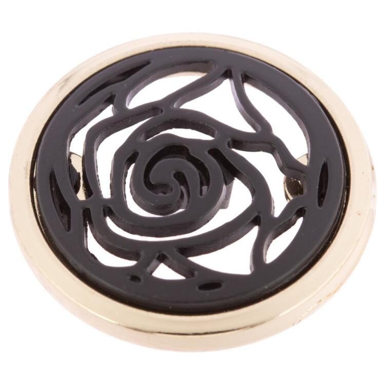 Zierknopf aus Kunststoff in Schwarz mit Rosenmotiv und goldenem Metallrand 25mm