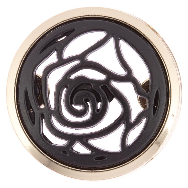 Zierknopf aus Kunststoff in Schwarz mit Rosenmotiv und goldenem Metallrand 25mm