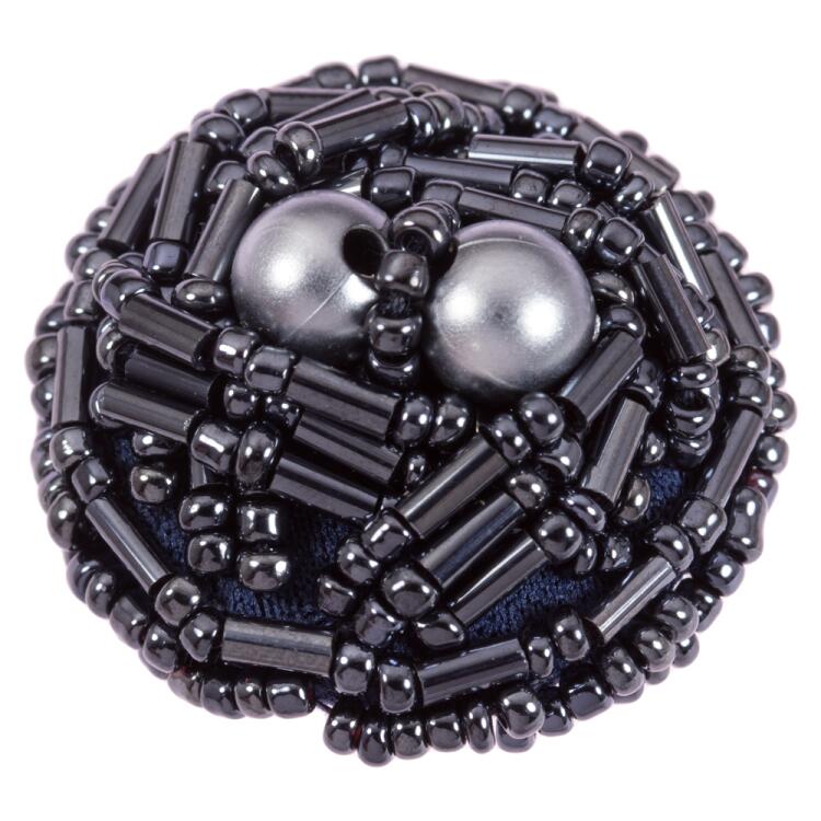 Zierknopf bestickt mit Perlen in Metallic-blau 32mm