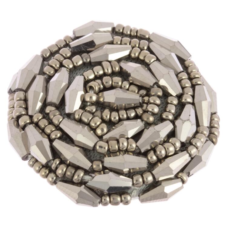 Zierknopf bestickt mit silbergrauen Perlen in Blütenform 38mm