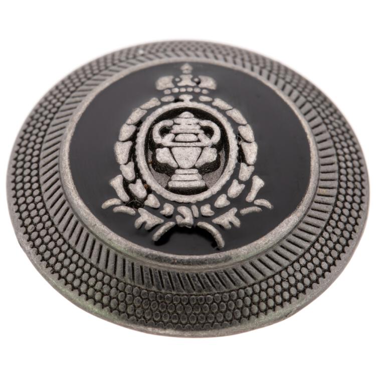 Wappenknopf aus Metall in Altsilber, mittig schwarz emailliert 28mm