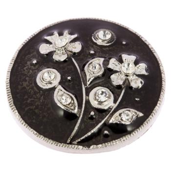 Silberner Schmuckknopf aus Metall mit Anthrazitfüllung und 3D-Blumenmotiv verziert mit Strasssteinen