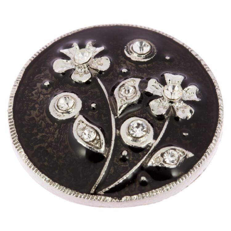 Silberner Schmuckknopf aus Metall mit Anthrazitfüllung und 3D-Blumenmotiv verziert mit Strasssteinen 23mm