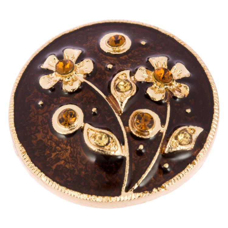 Goldener Schmuckknopf aus Metall mit Füllung in Bernsteinbraun und 3D-Blumenmotiv verziert mit Strasssteinen