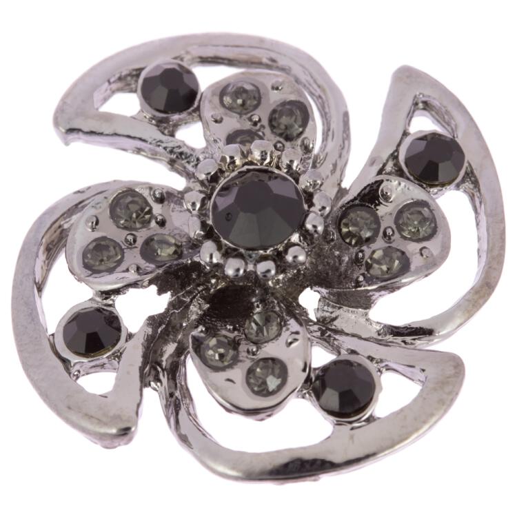 Metallischer Zierknopf in Blumenform besetzt mit schwarzen und grauen Strasssteinen 30mm