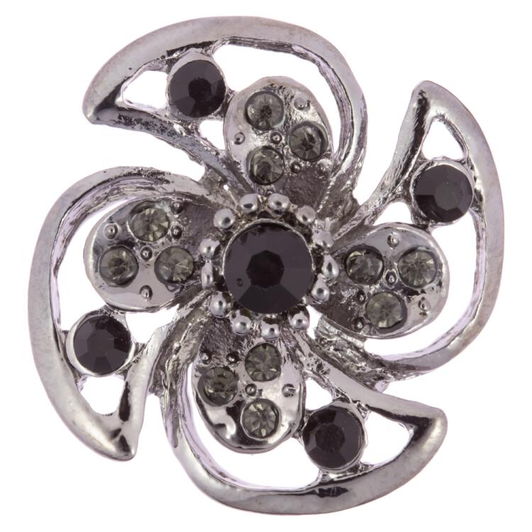 Metallischer Zierknopf in Blumenform besetzt mit schwarzen und grauen Strasssteinen 30mm